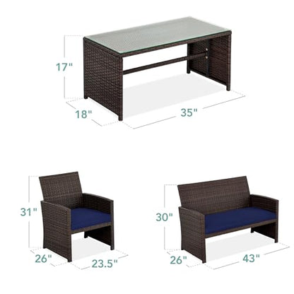 Best Choice Products 4-Piece Outdoor Wicker Patio Conversation Furniture Set for Backyard w/Coffee Table, Seat Cushions - Brown/Navy