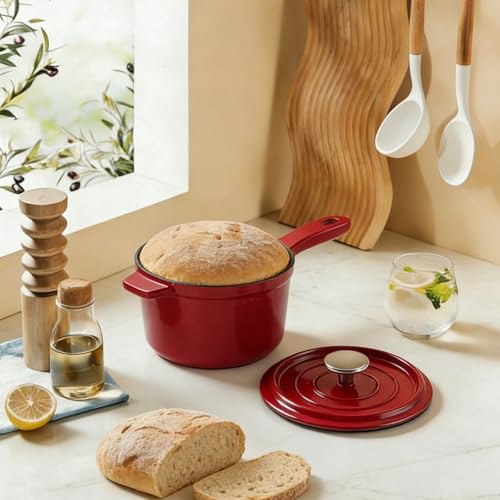 Enameled Cast Iron Sauce Pan, 2 Quarts Round Sauce Pot with Lid, Mini Dutch Oven Enamel Saucepan for Cooking Pasta Sauce, Marinate, Simmer, Refrigerate and Serve, Multiple Colors Available