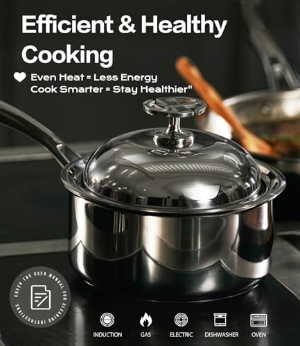 Lebof 3-Quart Stainless Steel Saucepan with Lid,5-Ply Clad Base Pot Even Heating & Fast Boiling, Premium Saucier for Induction, Gas, Electric & Oven