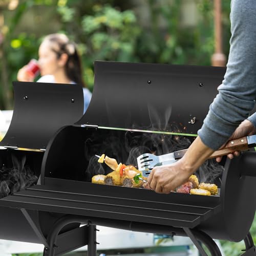 Large Charcoal Grill with Offset Smoker and Wood-Painted Side Table, Outdoor Smoker Grill with 811 Sq. In. Cooking Area for Outdoor Patio Barbecue Camping Parties Event, Black