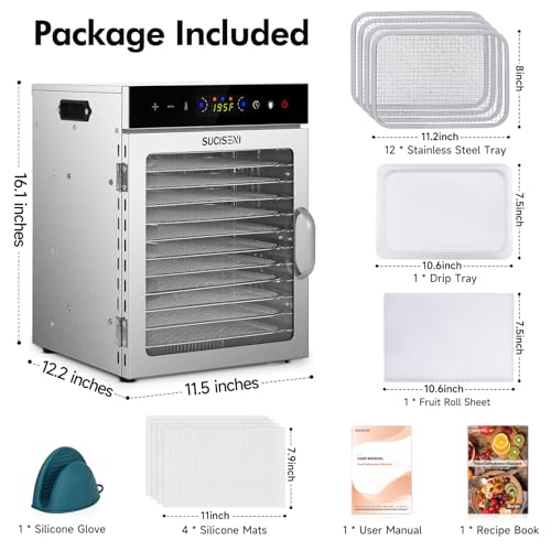 Food Dehydrator Machine 12 Stainless Steel Trays 1000W Meat Dehydrator for Home Use, 24H Timer & 195℉ Temperature Control Food Dryer for Jerky Fruit Herbs Mushroom Dog Treats