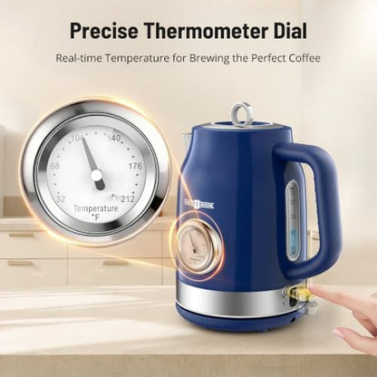 Electric Tea Kettle Retro‑Blue, 57oz Hot Water Pot with Thermometer