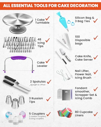 RFAQK 250 PCs Aluminum Cake Decorating Tools Kit with 12" Metal Turntable & Knife set-48 Numbered Icing Tips-3 Russian Piping Nozzles-Straight & Angled Spatula-Cake Leveler& Baking Supplies Tools