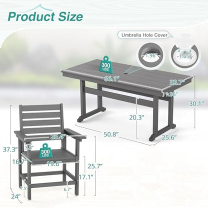 Homenjoy 7 Piece Patio Dining Set, 66" Rectangle HDPS Weather Resistant Outdoor Table & 6 Patio Chairs Set with 1.96" Umbrella Hole, Heavy Duty Chairs for Backyard Balcony Deck, Grey