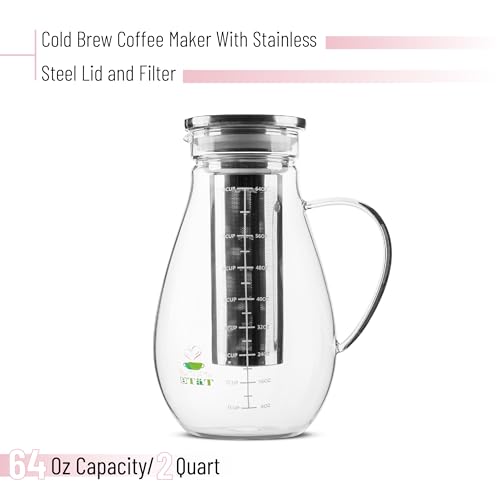 BTaT- Cold Brew Coffee Maker, Iced Coffee Maker, 2 Liter (2 Quart, 64 oz), Iced Tea Maker, Cold Brew Maker, Tea Pitcher, Coffee Accessories, Iced Tea Pitcher, Cold Brew System, Cold Brew Pitcher