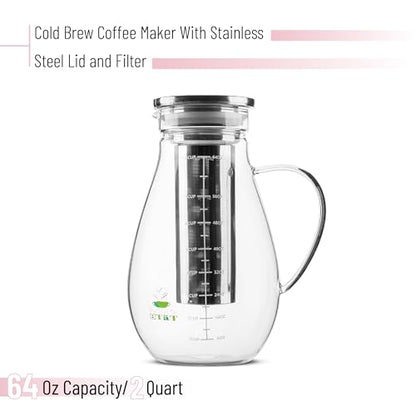 BTaT- Cold Brew Coffee Maker, Iced Coffee Maker, 2 Liter (2 Quart, 64 oz), Iced Tea Maker, Cold Brew Maker, Tea Pitcher, Coffee Accessories, Iced Tea Pitcher, Cold Brew System, Cold Brew Pitcher