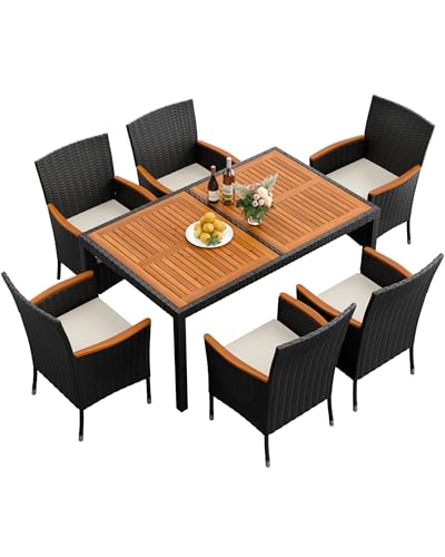Flamaker Patio Dining Set for 6 Outdoor Acacia Wood Table and Chairs, Black