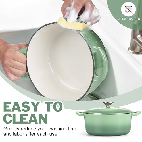 Small 3 Quart Dutch Oven, HaSteeL Round Cast Iron Cooking Pot with Lid, Nonstick Enameled Cookware for Sourdough Bread Baking Roasting Stewing Braising Frying, Heavy Duty & Oven Safe 500℉, Green