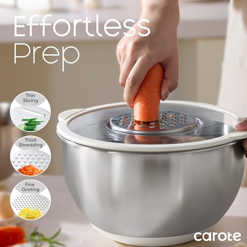 CAROTE Stainless Steel Mixing Bowls with Lids Set,12 Pcs Nesting Bowls Clear Airtight Lids 3 Grater Attachments,Non-Slip Bottoms & Measurement Marks Mixing Bowls,Size 5,3,2,1.5,1QT