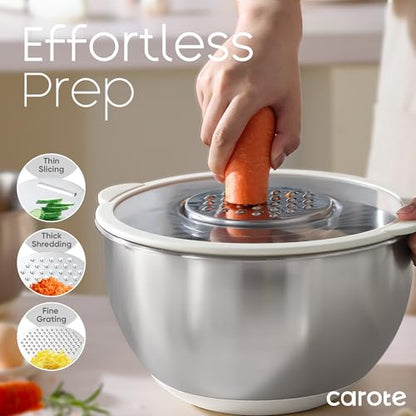 CAROTE Stainless Steel Mixing Bowls with Lids Set,12 Pcs Nesting Bowls Clear Airtight Lids 3 Grater Attachments,Non-Slip Bottoms & Measurement Marks Mixing Bowls,Size 5,3,2,1.5,1QT