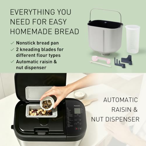 Panasonic Bread Machine, Automatic Bread Maker with 20 Presets and Advanced Temperature Sensor for Bread, Cake, and Pizza, Gluten Free Baking, Raisin Nut Dispenser - SD-R2550
