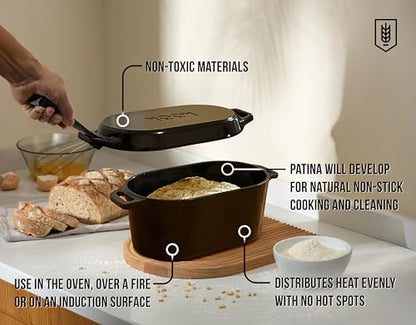 KooK Dutch Oven, for Bread Baking, Sourdough Loaf Pan, with Lid, Dual Handles, Enameled Cast Iron, includes Lid Lever, Dishwasher Safe, Oven safe 500F, 3.4 Qt, Black
