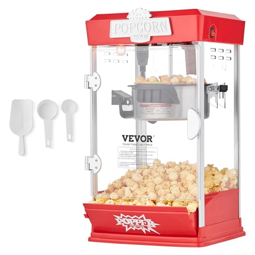 VEVOR Popcorn Maker, 480W Popcorn Popper Machine, 4 Oz Kettle Makes 1.5 Gallon per Batch, Tabletop Popcorn Maker, Includes 3 Scoops, Movie Theater Style, Red
