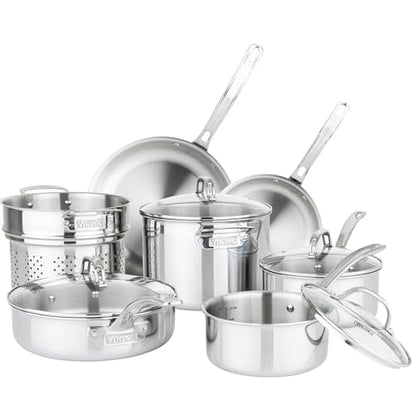 Viking 3-Ply Stainless Steel 11-Piece Cookware Set with Vented Glass Lids, Fry Pans, Saucepans, Saute Pan, Stock Pot with Strainer Insert, Oven Safe up to 600F