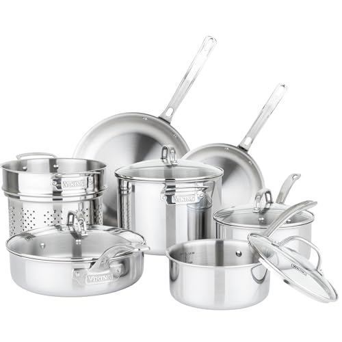 Viking 3-Ply Stainless Steel 11-Piece Cookware Set with Vented Glass Lids, Fry Pans, Saucepans, Saute Pan, Stock Pot with Strainer Insert, Oven Safe up to 600F
