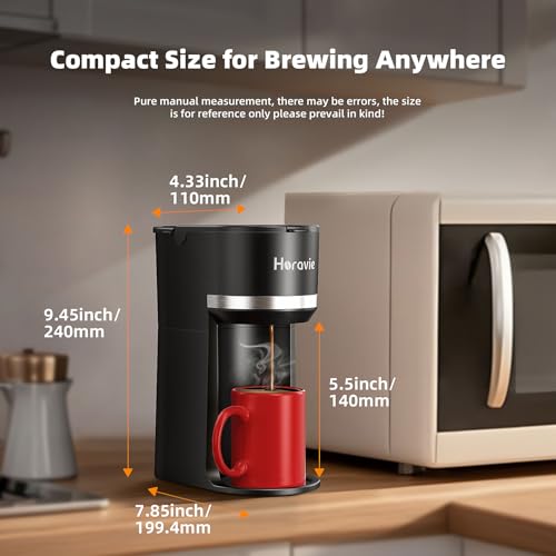 Horavie Small Single Serve Coffee Maker for K Cup and Grounds, Fast Brew One Cup Coffee Machine with One Button, 6 to 12 oz. Brew Sizes, Perfect for Home and Travel, Black