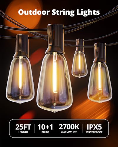 VIPAR Outdoor String Lights 25FT LED Patio Lights IPX5 Waterproof with 10+1 ST38 Shatterproof Edison Bulbs, 2700K Connectable Outside Hanging Light for Porch, Garden, Backyard, Deck, Balcony, Decor