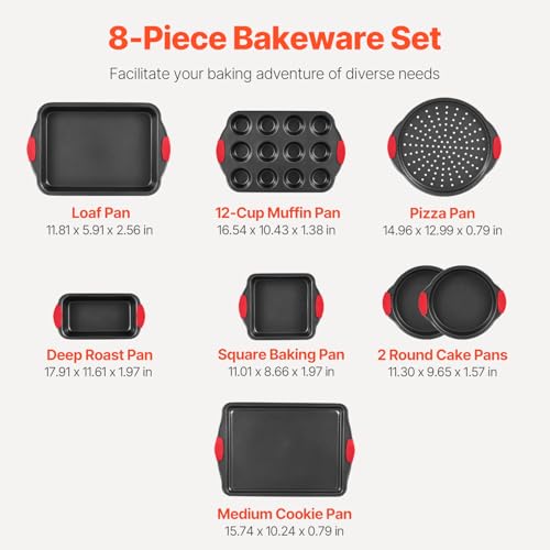 VEVOR Baking Pans Set, 8-Piece, Nonstick Carbon Steel Cookware Sheets & Trays, Stackable Kitchen Oven Bakeware Cooking Sets with Silicone Handles, Easy to Clean, for Baking Cookie Cake Muffin Bread