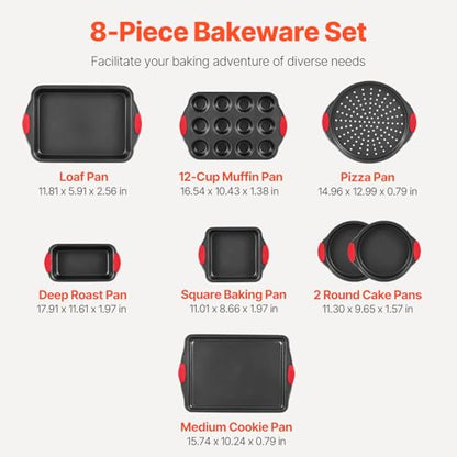 VEVOR Baking Pans Set, 8-Piece, Nonstick Carbon Steel Cookware Sheets & Trays, Stackable Kitchen Oven Bakeware Cooking Sets with Silicone Handles, Easy to Clean, for Baking Cookie Cake Muffin Bread