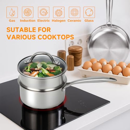Ohtomber Tri-Ply Steamer for Cooking - Stainless Steel 3 Qt Saucepan with Lid, Medium Kitchen Induction Cooking Pot with Vegetable Food Steamer Basket, Non Stick Sauce Pan with Stay-Cool Handle