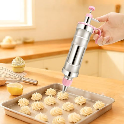 Dessert Decorating Syringe Set, Frosting Piping Kit Stainless Steel Cake Decorating Tools with 6 Piping Tips & 9 Silicone Cupcake, Cake Decorating Kit for Beginners