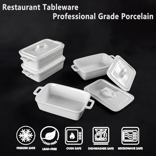 jinsongdafa Ceramic Mini Rectangular Cocotte Set, 2.37 Ounces Small Casserole Dishes with Lids and Handles Set of 4, Individual Baking Ramekins, Oven, Microwave & Dishwasher Safe (White, 6.1 Inch)