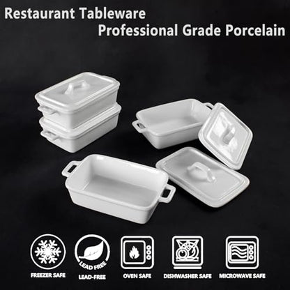jinsongdafa Ceramic Mini Rectangular Cocotte Set, 2.37 Ounces Small Casserole Dishes with Lids and Handles Set of 4, Individual Baking Ramekins, Oven, Microwave & Dishwasher Safe (White, 6.1 Inch)