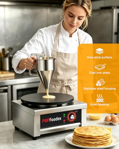 Popfoodex Commercial Crepe Maker - Independent Temperature Control, 1500W Electric Crepe Machine, 16 Inch Pancake Making Machine w/Nonstick Stainless Steel Plate, for Commercial Kitchen Use