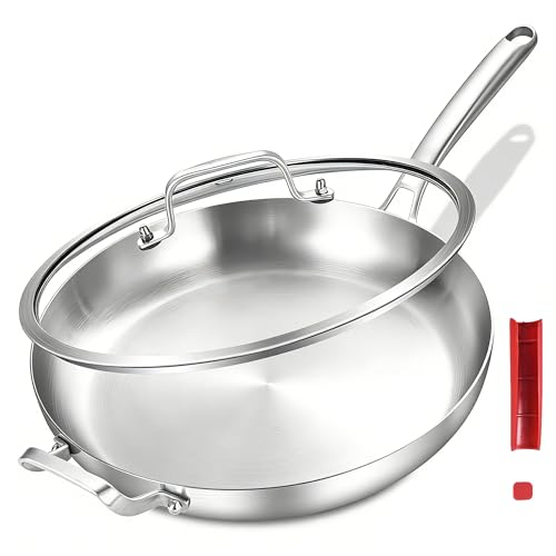 Inqibee 14-Inch Tri-Ply Stainless Steel Large Skillet with Lid,Large Frying Pan with Helper Handle,Jumbo Cooker,Induction Pan,Heavy Duty and Dishwasher Safe