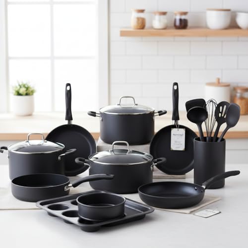 NutriChef Nonstick Cookware Set, 20-Piece Premium Kitchen Cookware Set with Pots, Pans, Bakeware & Utensils, Non Stick Pots and Pans Compatible with Gas, Electric, Ceramic & Induction Cooktops (Black)