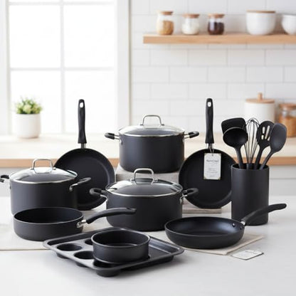 NutriChef Nonstick Cookware Set, 20-Piece Premium Kitchen Cookware Set with Pots, Pans, Bakeware & Utensils, Non Stick Pots and Pans Compatible with Gas, Electric, Ceramic & Induction Cooktops (Black)
