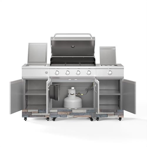 Tytus Fresno 5-Burner Propane or Natural Gas Island Grill – 864 sq. in. Cooking, 48,000 BTU Main + 12,000 BTU Side Burner, Porcelain Grates, Storage Cabinets, Semi-Portable - SS/Ash Stone