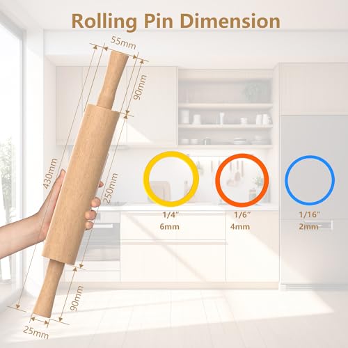 Mepple Classic Wooden Rolling Pin with Handle for Fondant, Pizza, Pies, Cookies, Pastries, Rolling Pin for Baking with 3 Multi-Color Thickness Rings, 17"x2.5" (Include handle) Beechwood Rolling Pin