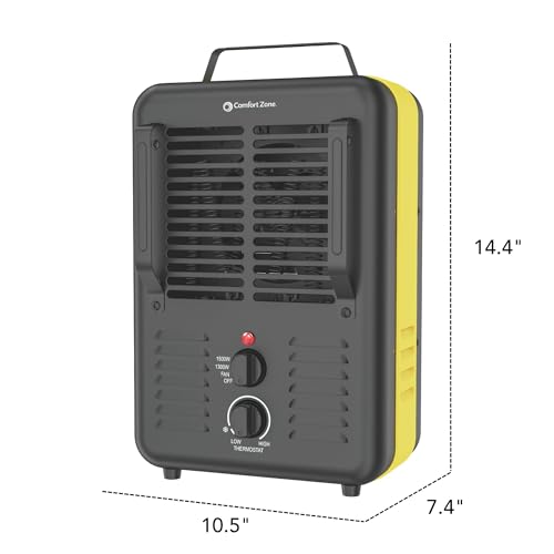 Comfort Zone 1500W Milkhouse Style Electric Utility Heater – Portable Workshop & Garage Space Heater with Adjustable Thermostat, 2 Heat Settings & Fan – All-Metal Heavy-Duty Design – Yellow/Black