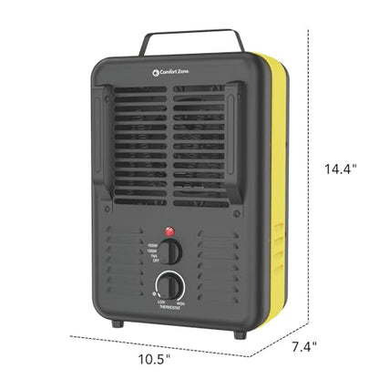 Comfort Zone 1500W Milkhouse Style Electric Utility Heater – Portable Workshop & Garage Space Heater with Adjustable Thermostat, 2 Heat Settings & Fan – All-Metal Heavy-Duty Design – Yellow/Black