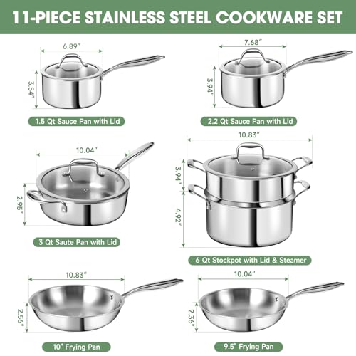 3 Ply Stainless Steel 11-Piece Cookware Set with Lids, Pots and Pans Kitchen Set, Non-Toxic, Induction, Oven, Dishwasher Safe, Professional Chef Quality