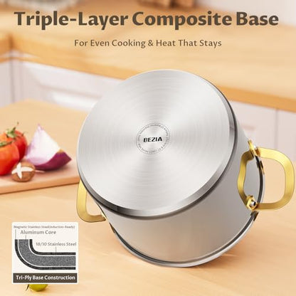 BEZIA 6 Quart Stainless Steel Stock Pot, 0-Coating Healthy Soup Pot for Small Families, Tri-ply Even Heat for Daily Cooking & Side Dishes, Compatible with All Stovetops