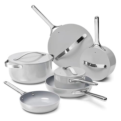 Caraway Deluxe Non-stick Ceramic Cookware Set (16 Piece) Pots, Frying Pans, Lids and Kitchen Storage - PFAS & PFOA Free - Oven Safe Pan Set & Compatible with All Stovetops - Gray