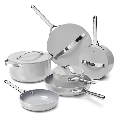 Caraway Deluxe Non-stick Ceramic Cookware Set (16 Piece) Pots, Frying Pans, Lids and Kitchen Storage - PFAS & PFOA Free - Oven Safe Pan Set & Compatible with All Stovetops - Gray