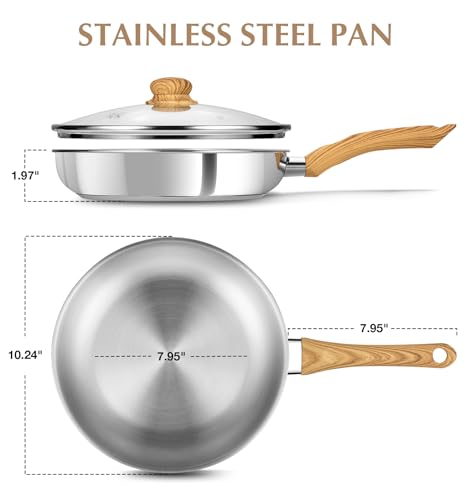 KOCH SYSTEME CS Stainless Steel Pan 10 Inch, Induction Tri-Ply Bottom Stainless Steel Frying Pan with Heat-resistant Bakelite Handle, 10 Inch Stainless Skillet with Lid for Cooking, Dishwasher Safe
