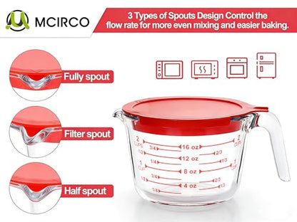 M MCIRCO 6 Pcs Glass Measuring Cups with Lids Set, 1-Cup, 2-Cup, 4-Cup Measuring Jugs with Handle, Nesting Liquid Measuring Cups for Kitchen