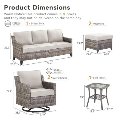 6 Piece Outdoor Patio Wicker Furniture Sets-High Back Outdoor Conversation Set Sectional Sofa with Wicker Swivel Rocker Patio Chairs,Thick Cushions Ottomans for Porch Balcony Patio Deck Grey/Beige