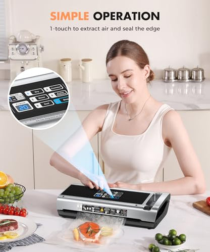 Food Vacuum Sealer Machine, 95KPa Powerful Food Saver with Dry/Moist/External Vacuum Modes, Built-in Cutter & Bag Storage, Single/Double Sealing, 1 Bag & 15 Pre-cut Bags（Silver）