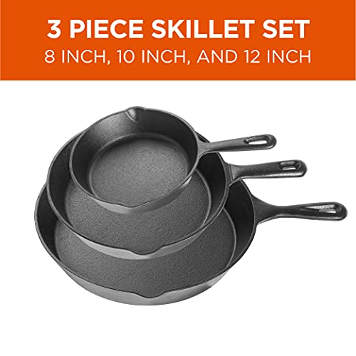 Commercial CHEF 3-Piece Cast Iron Skillet Set – 8 inch, 10 inch, and 12 inch - Pre-seasoned Cast Iron Cookware