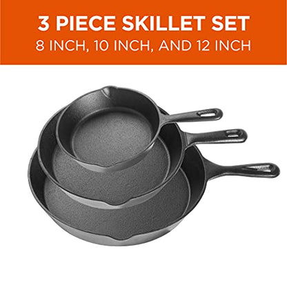 Commercial CHEF 3-Piece Cast Iron Skillet Set – 8 inch, 10 inch, and 12 inch - Pre-seasoned Cast Iron Cookware