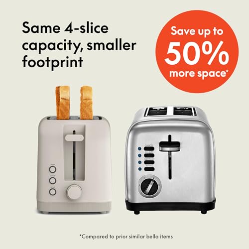 bella 4 Slice Slim Toaster, Fits-anywhere™ Kitchenware, 6 Setting Shade Control with Reheat & Cancel Buttons, Fits Sourdough, 10” Long Slot, Anti Jam & Auto Shutoff, 900 Watt, Oatmilk