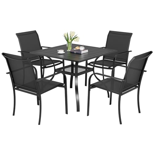 Incbruce 5 Pieces Patio Dining Set, Outdoor Dining Set of 4 Textilene Chairs and Square Table with Umbrella Hole for Backyard, Garden, and Poolside (Black)