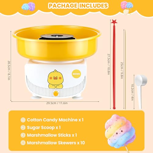 Cotton Candy Machine for Kids & Family, Mini Yellow Duck Electric Cotton Candy Maker with 11 Sticks & Sugar Scoop, Cute Cartoon Design for Birthday Christmas Party Gifts