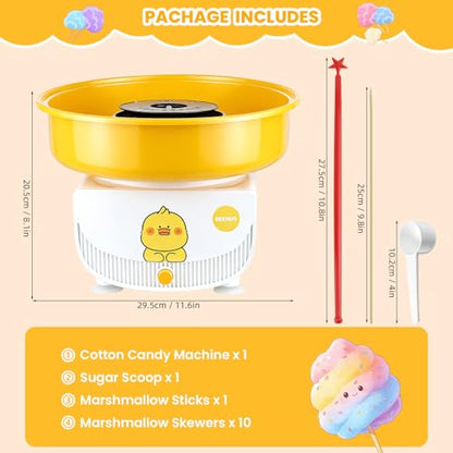 Cotton Candy Machine for Kids & Family, Mini Yellow Duck Electric Cotton Candy Maker with 11 Sticks & Sugar Scoop, Cute Cartoon Design for Birthday Christmas Party Gifts