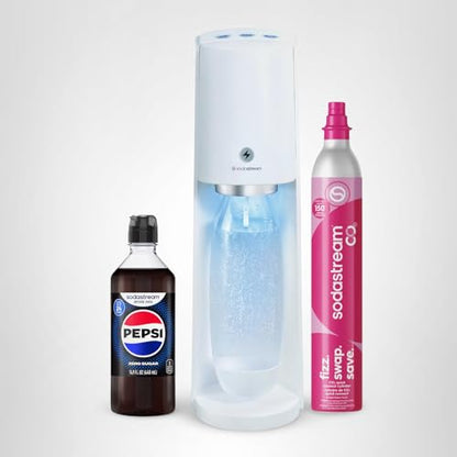 SodaStream - E-TERRA Soda Maker | STARTER KIT | 3 Automatic Carbonation Levels | Includes 1x CO2 Cylinder, 1x 32 Fl Oz Dishwasher Safe Bottle, 1x Pepsi Zero Sugar Mix, 1x Power Adapter | White